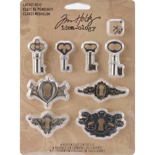 Idea-Ology Metal Locket Keys &#x26; Keyholes 8/Pkg-Antique Nickel, Brass &#x26; Copper
